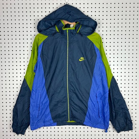 Vtg Nike Windbreaker Color Block Medium Green Blue‎ Full Zip Swoosh 90s W/ Hood - Picture 2 of 5